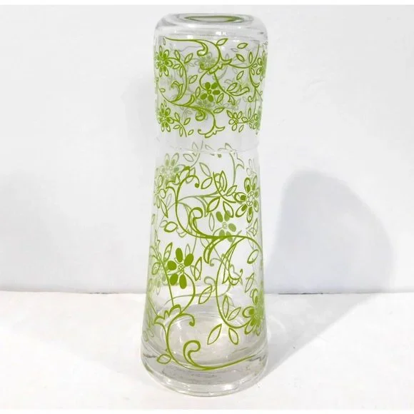 Vintage MCM Bedside Water Carafe and Cup Glass Tumbler  Set Green Clear Retro - Picture 2 of 10